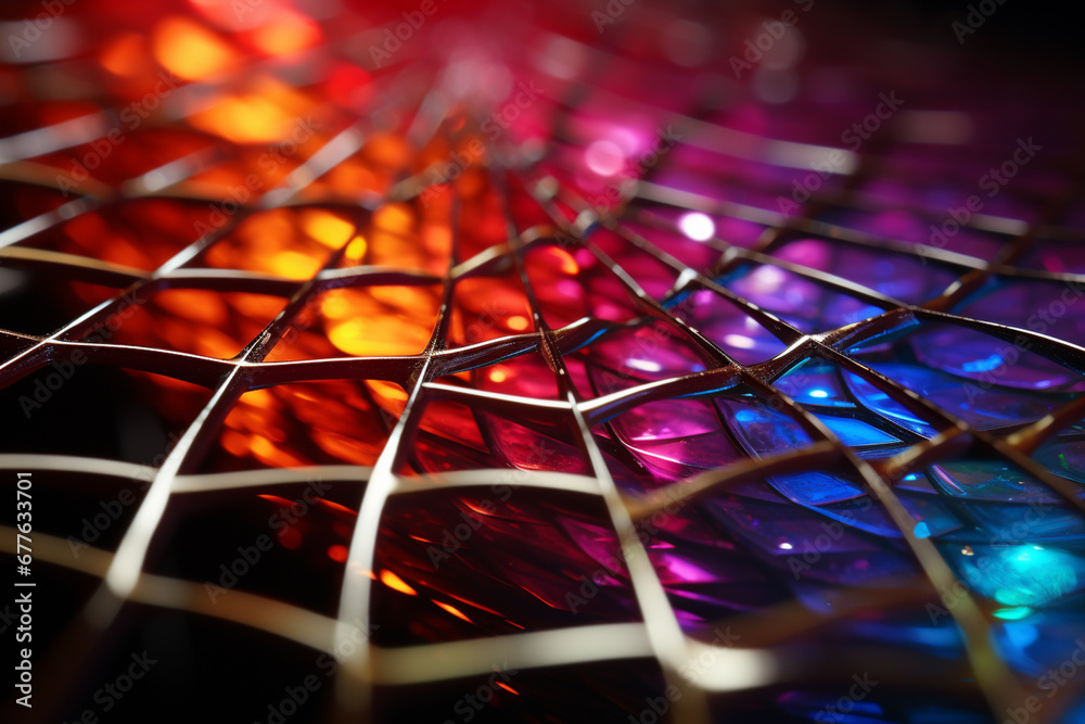 Fototapete A spider web captured at a precise angle, revealing a spectrum of colors due to light diffraction. 