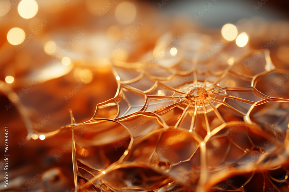Poster A spider web backlit by the warm tones of the golden hour, emphasizing its delicate structure.  