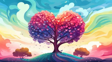 Gordijnen  a painting of a heart - shaped tree in the middle of a field with a colorful sky in the background and clouds in the shape of the shape of a heart.  generative ai © Shanti