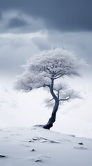  a lone tree in the middle of a snow - covered field with a dark sky in the back ground and a dark cloud in the middle of the sky in the background.  generative ai