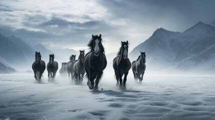  a herd of horses running across a snow covered field in front of a mountain range in the distance is a dark sky with a few clouds 