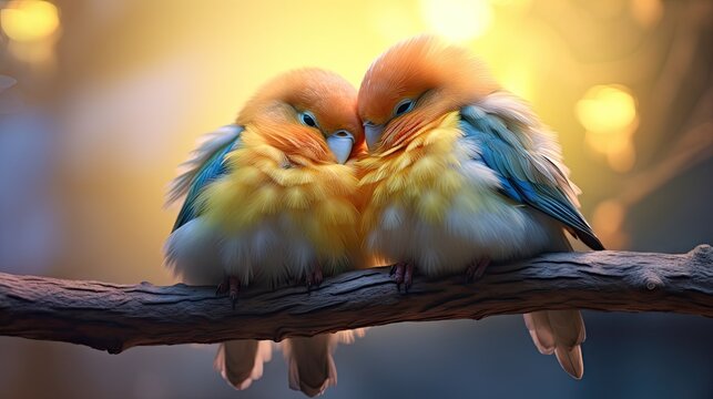  a couple of birds sitting on top of a wooden branch next to each other on a tree branch in front of a blurry background of a yellow and blue sky.  generative ai