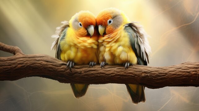  a couple of birds sitting on top of a tree branch in front of a blurry image of a sun shining down on the ground behind the two of the two birds.  generative ai