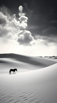  a black and white photo of a horse standing in the middle of a large expanse of sand with a sky filled with clouds 