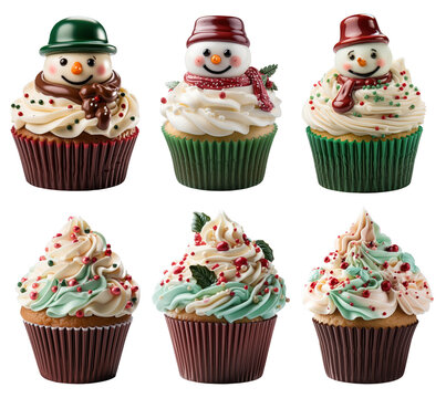 Set of Snowman cupcakes christmas cake muffin winter isolated on transparent background. cutout, PNG file. for product presentation. banner, poster, card, t shirt, sticker