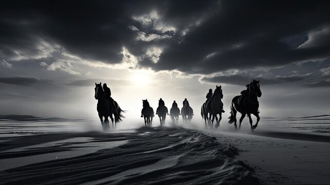  a black and white photo of a group of people riding horses on a beach under a cloudy sky with the sun shining through the clouds and the horizon behind them.  generative ai