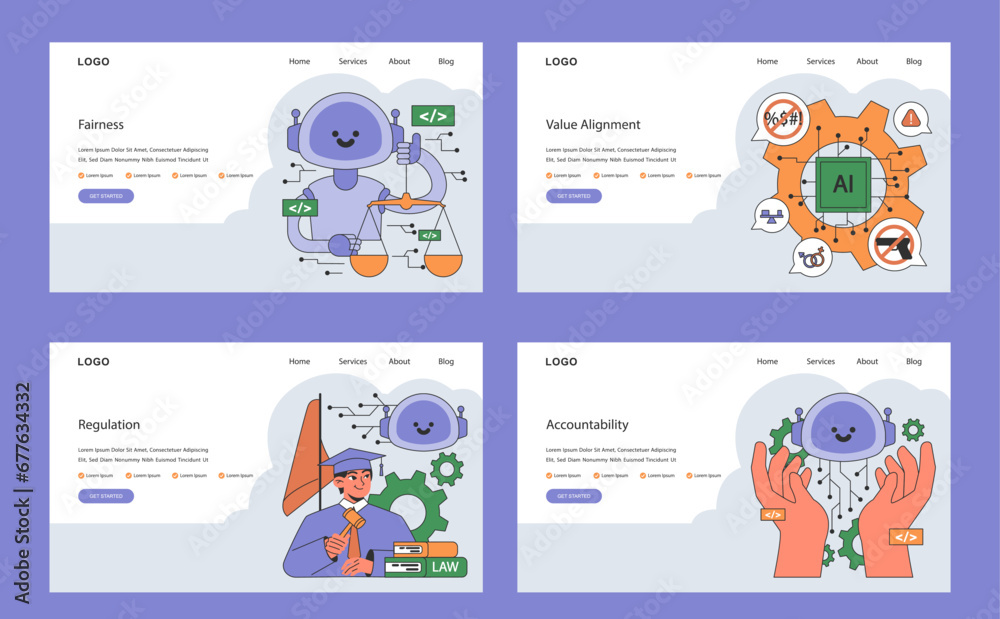 Sticker ai ethics web or landing set. artificial intelligence alignment and regulation. accountability, sing