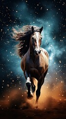 Obraz na płótnie Canvas a horse is galloping through the dust in front of a night sky filled with stars and a star filled sky behind it is a full of dust and stars. generative ai