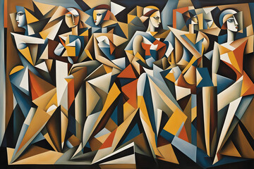 cubist style abstract painting of a group of female dancers in performance - obrazy, fototapety, plakaty