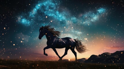  a painting of a horse running through a field with a sky full of stars in the background and a night sky full of stars in the middle of the sky.  generative ai