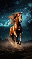  a horse is galloping through the desert under a night sky full of stars and a star filled sky is in the foreground with clouds and stars in the background.  generative ai
