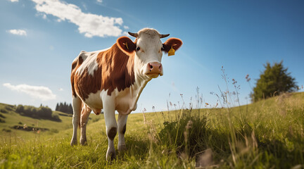 a Summer cow grazing on grassy field