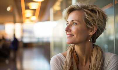 Obraz premium Happy smiling female traveler in airport, Woman sitting at the terminal waiting for her flight in boarding lounge.