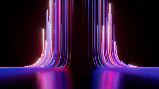 looped 3d animation. Abstract background. Blue pink neon stripes and ribbons appear chaotically, glide along a curved path from bottom to top and disappear, moving from center to the sides in slowmo