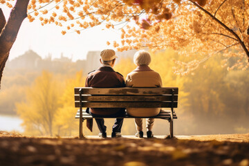 Happy elderly couple sitting on park bench against autumn landscape background