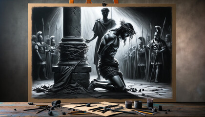 Sacrifice Unveiled: A charcoal depiction of the brutal reality of Christ's scourging at the pillar. The charcoal strewn below symbolize the tools of creation and the profound expression of sacrifice.
 - obrazy, fototapety, plakaty