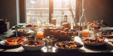 Fototapeta premium modern Christmas party celebration with dinner meal on table in big villa, sunlight