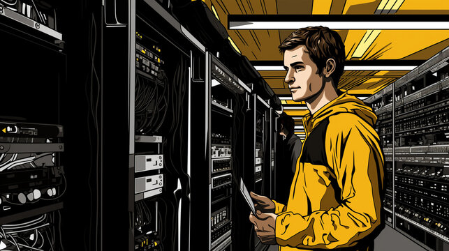 Un technicien avec une tablette observe un serveur dans un datacenter pour le r&eacute;parer