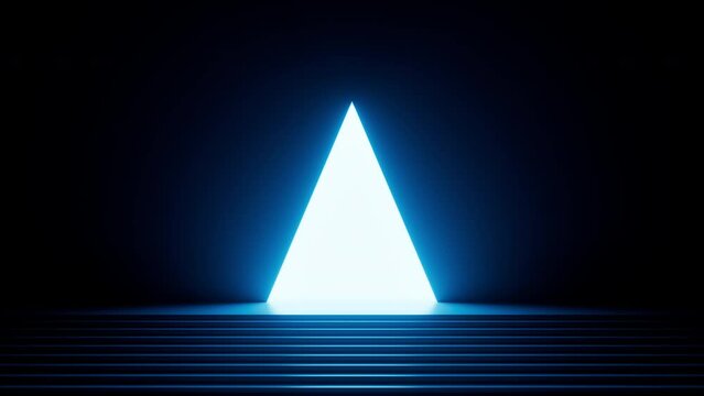 3d animation. Triangle of light appears in the dark room with steps. Blank showcase platform for product presentation. Modern minimal geometric background