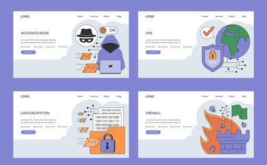 Data privacy web banner or landing page. Cyber or web security. Database safety. Protection of the internet access and anonymity. Cyber attack or malware prevention. Flat vector illustration