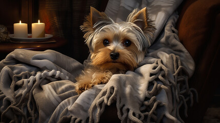 The Yorkshire Terrier is located on a warm blanket, in an armchair, in a cozy home environment. Relaxation, peace and relaxation after a walk. Burning candles in the background. Close-up. Copy space.
