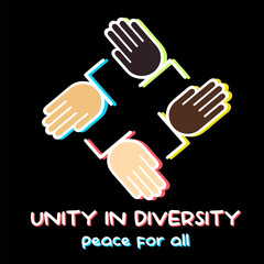 Unity in diversity is depicted through a group of diverse individuals holding wrists that symbolizing support and expressing peace for all races and a sense of togetherness in a vector design