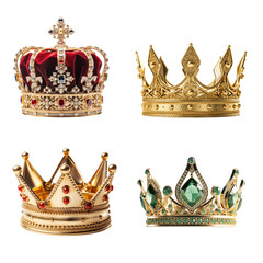 Collection of golden crowns isolated transparent background. Generative AI