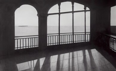 balcony with a large window and a balustrade overlooking the sea, black and white photography