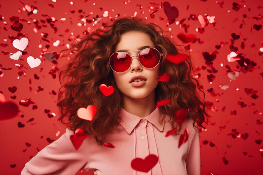 Portrait of a beautiful young woman with curly hair and red heart shaped glasses