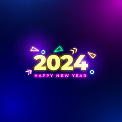Happy New Year 2024 neon light glowing colorful vector with realistic trendy spotlight effect party background