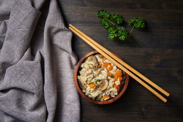 Thai boiled and fried rice with herbs and veggies