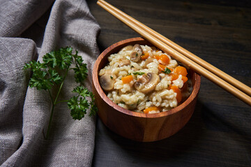 Thai boiled and fried rice with herbs and veggies