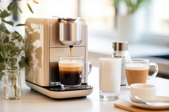 Modern coffee machine with cups on table in kitchen. Modern coffee machine in the process of producing aromatic coffee.