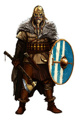 Viking with ax and shield on white png. Viking warrior male with a wolf skin on his shoulder. Viking helmet.