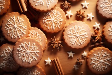 Pile of gingerbread cookies with snowflake shape on it