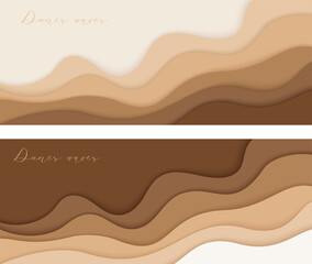 Desert waves, sand dunes paper art two banners set, poster templates. Nude beige waves papercut style. Vector illustration EPS 10.
