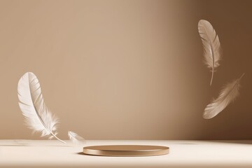 3D background, beige podium display. Natural brown backdrop with shadow and falling feather. Product promotion Beauty cosmetic, nature luxury gold stand. Studio empty template. Minimal, Generative AI