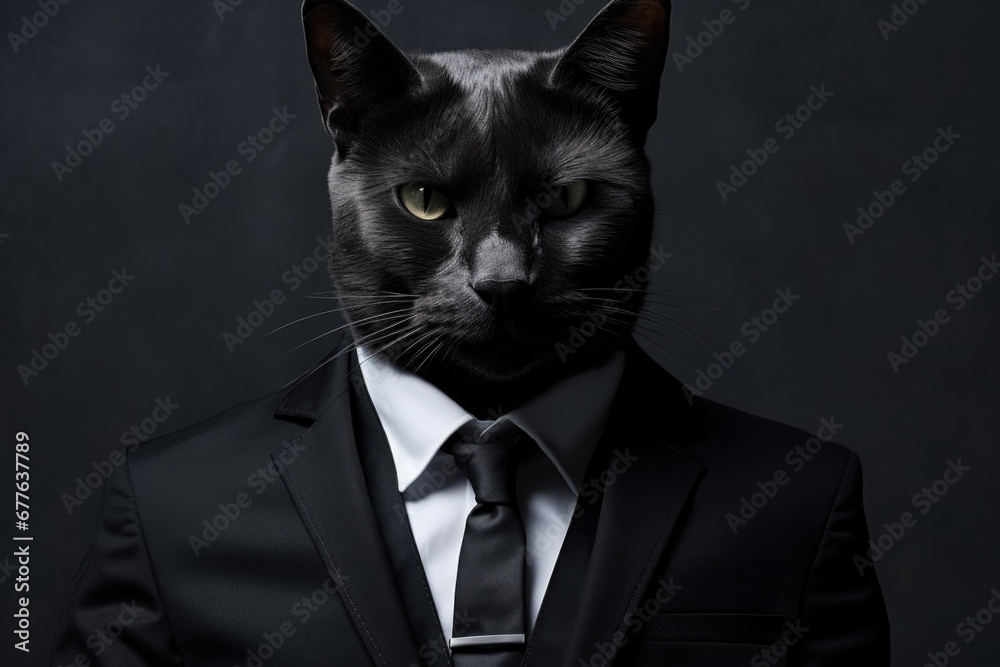 Poster A stylish black cat dressed in a suit and tie. Perfect for adding a touch of elegance and sophistication to any project.