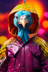 Fototapeta premium A picture of a blue bird wearing a purple jacket and holding a yellow umbrella. This image can be used to depict a cute and colorful bird in different weather conditions