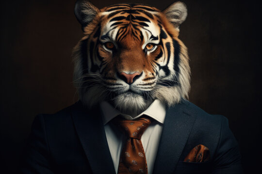 A picture of a tiger dressed in a formal suit and tie. Suitable for business, fashion, or creative concepts