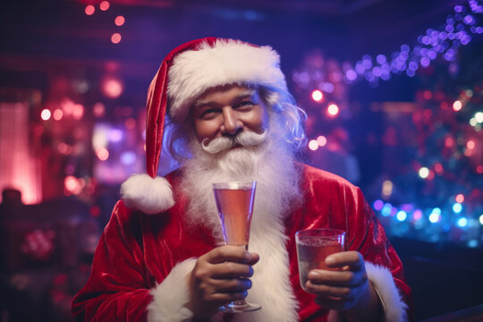 A festive image of a man dressed as Santa Claus holding a glass of wine. Perfect for holiday-themed designs and promotions.