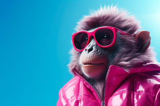 A picture of a monkey wearing sunglasses and a pink jacket. This image can be used for various purposes such as advertising, social media posts, or as a fun and playful element in design projects