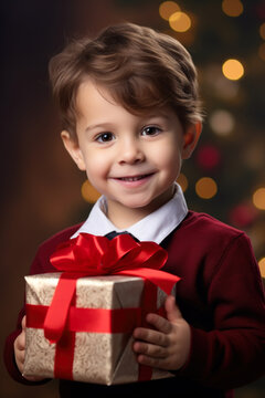 A little boy holds a present in front of a beautifully decorated Christmas tree. This image can be used to depict the excitement and joy of gift-giving during the holiday season.