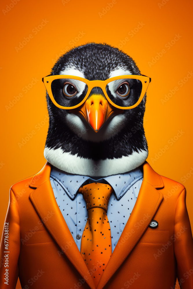 Poster A penguin wearing glasses and dressed in a suit. This image can be used to depict a professional penguin or to add a touch of humor to any project