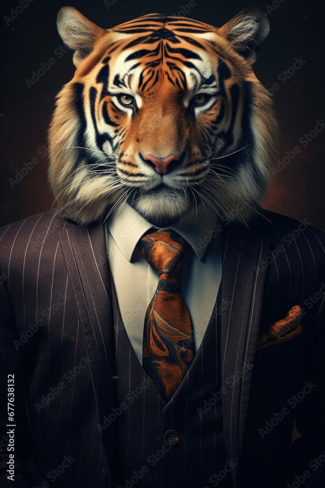 Poster a picture of a tiger dressed in a suit and tie. this image can be used to depict an animal in a form
