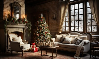 Obraz na płótnie Canvas christmas decorations over fireplace, christmas fireplace with christmas tree with gifts