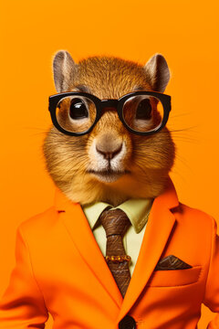 A close-up image of a squirrel dressed in a suit and tie. This picture can be used to add a touch of humor and whimsy to any project