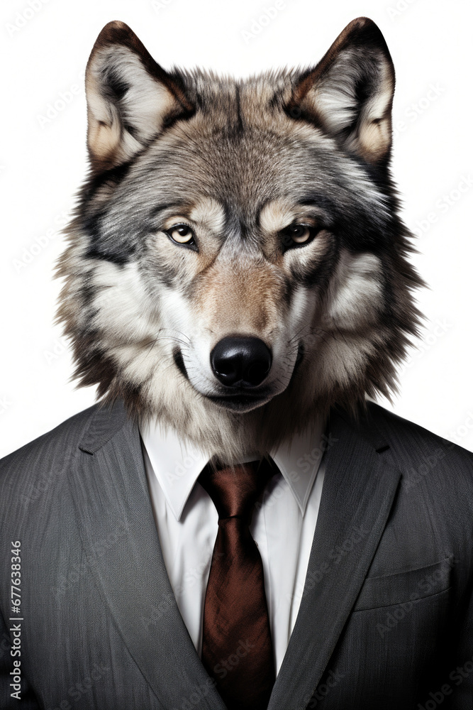 Poster a picture of a wolf dressed in a formal suit and tie. this image can be used to represent profession