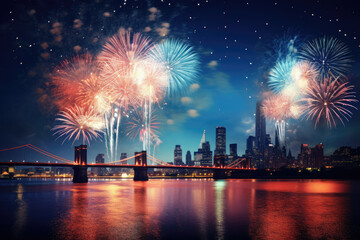 Night of celebration with beautiful colorful fireworks, night sky of festivals time, Happy new year with vivid firework exploding background, abstract anniversary with pyrotechnics scene.
