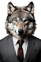 A picture of a wolf dressed in a formal suit and tie. This image can be used to represent professionalism, business, or a unique and unexpected twist on traditional attire
